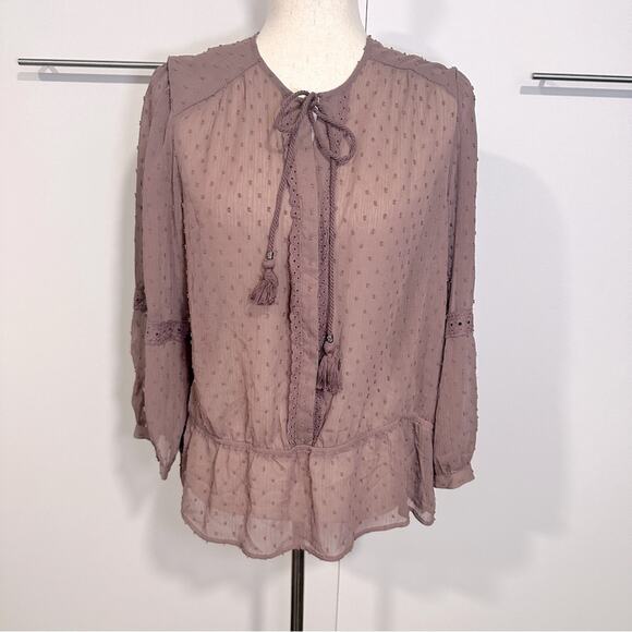 DR2 by Daniel Rainn Size L Brown Tassel Clip Dot Blouse Peasant Top Boho Neutral - Picture 1 of 12